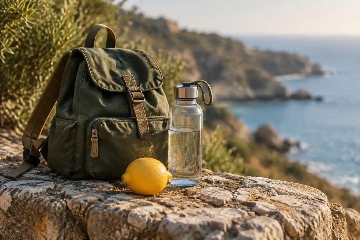 Small backpack, water bottle and a lemon on a stone wall above the coast