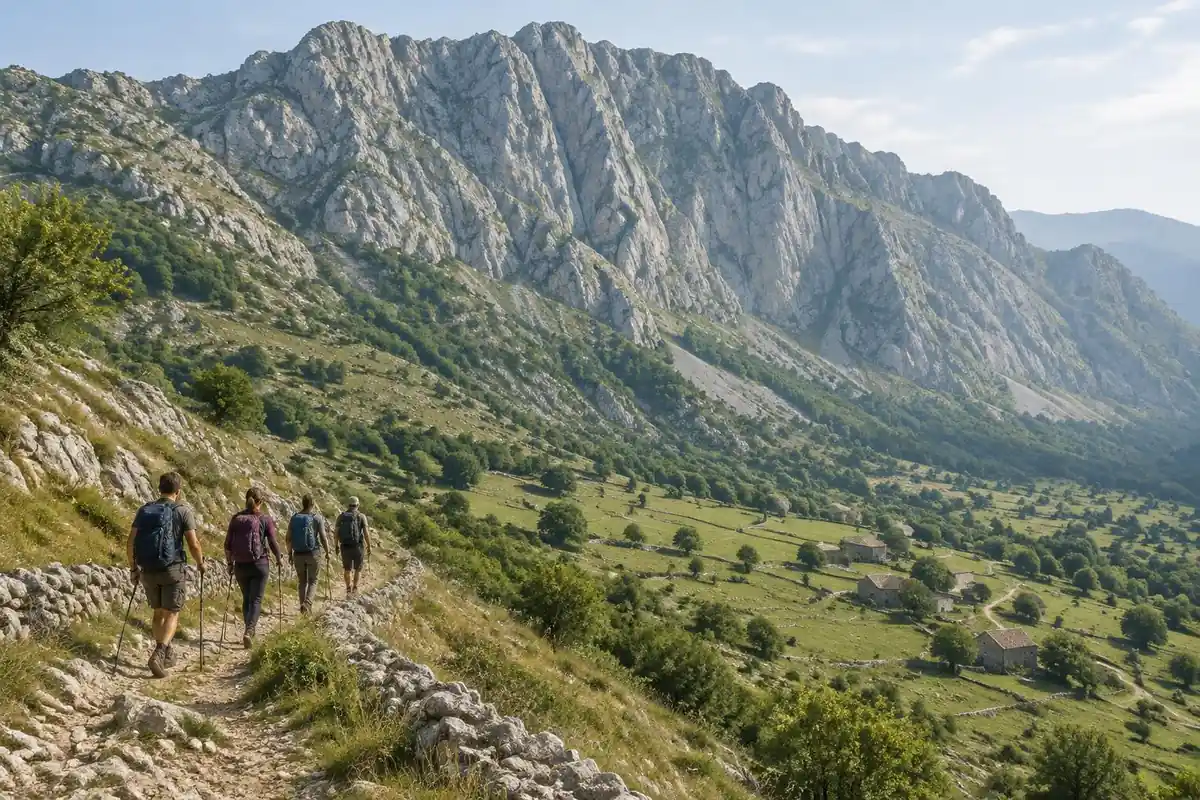 Jagged limestone wall above a green valley with stone farmhouses and hikers on a track