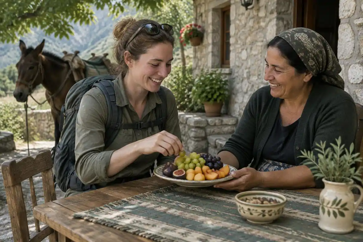 Woman hiker and a local host sharing fruit at a guesthouse outdoor table