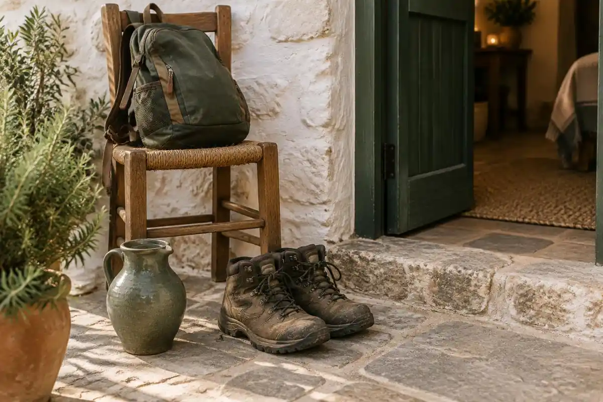 Dusty boots at a stone guesthouse door beside a daypack and water jug
