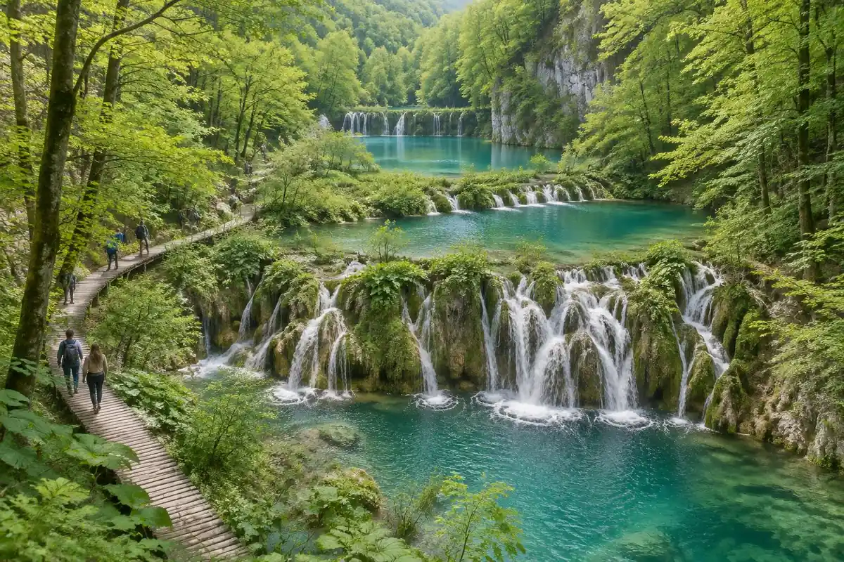 Terraced turquoise lakes and waterfalls in a beech forest with a plank boardwalk