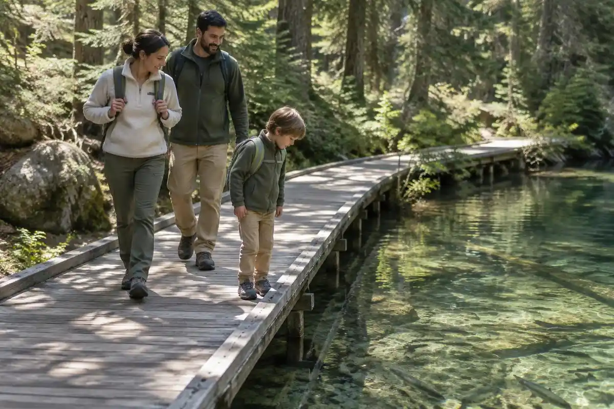 Family on a wooden boardwalk over shallow clear water with a child watching fish