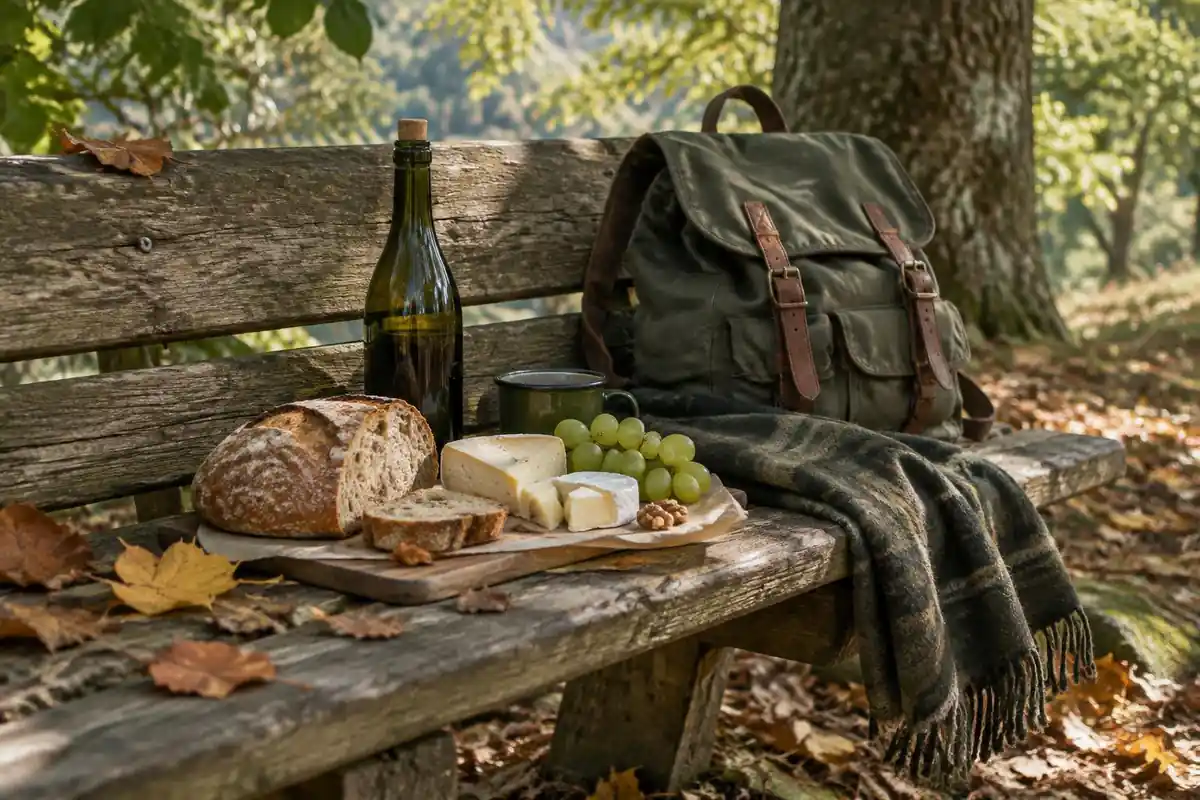 Bread, cheese and bottle picnic beside a small backpack under autumn trees
