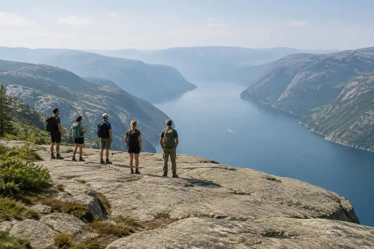 Group of walkers well back from the edge of a granite plateau above a fjord
