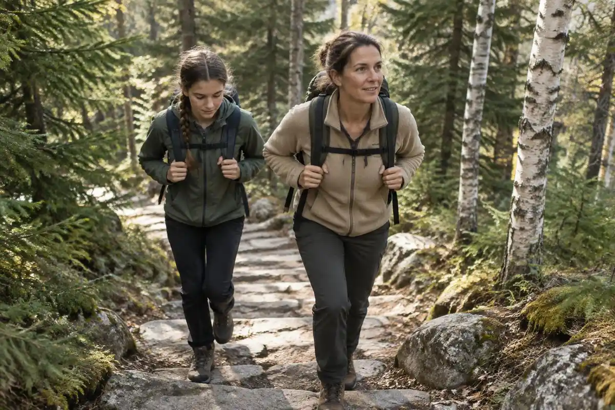 Mother and teenage daughter climbing a stone-slab path through spruce and birch