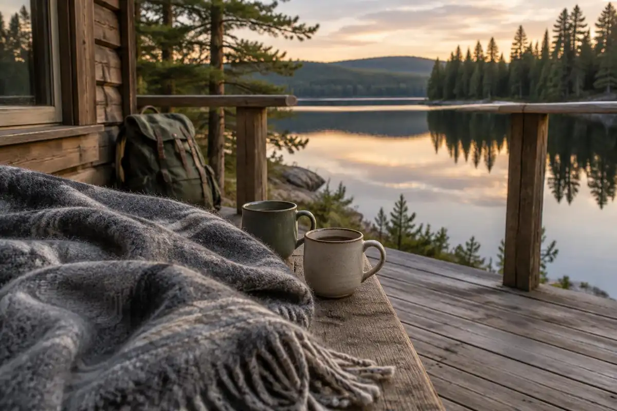 Wool blanket, two mugs and a small daypack on a lakeside cabin deck