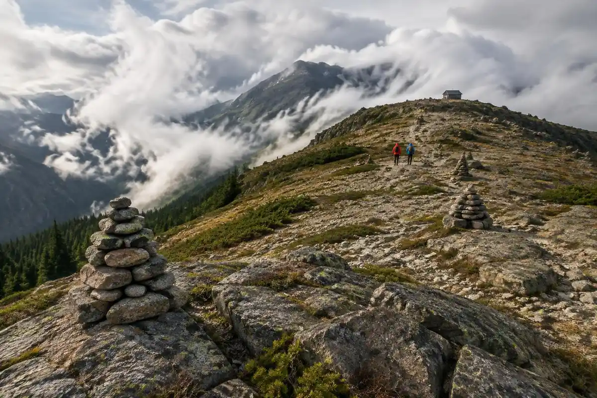 A bare ridge line above treeline with rocks and cloud with a hut in the distance