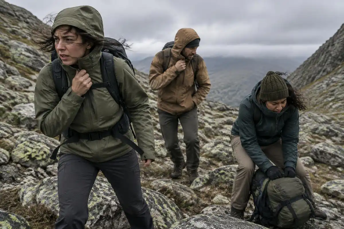 A hiker team pulling on layers on a windy col with packs held down
