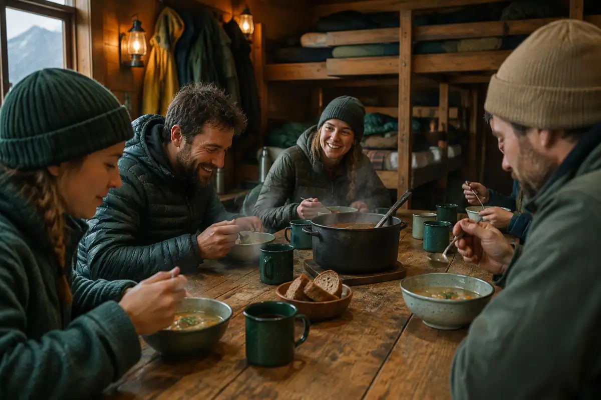 Steaming soup bowls on a long wooden table in a mountain hut with bunk beds behind
