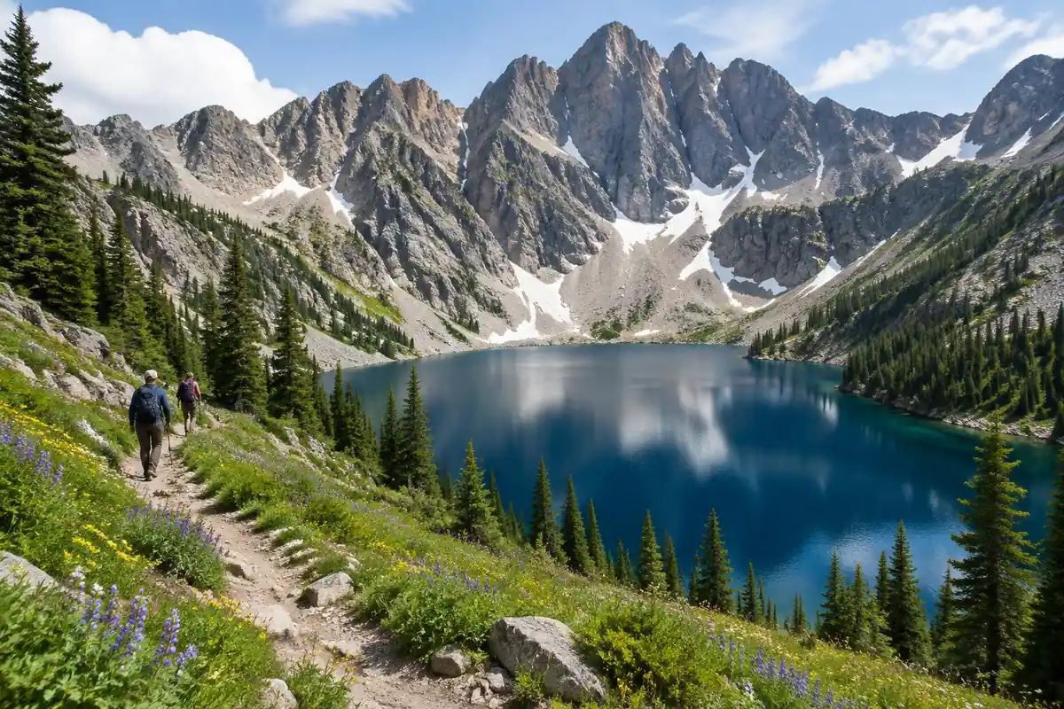 A still alpine lake below a jagged rocky cirque with wildflowers along its shore