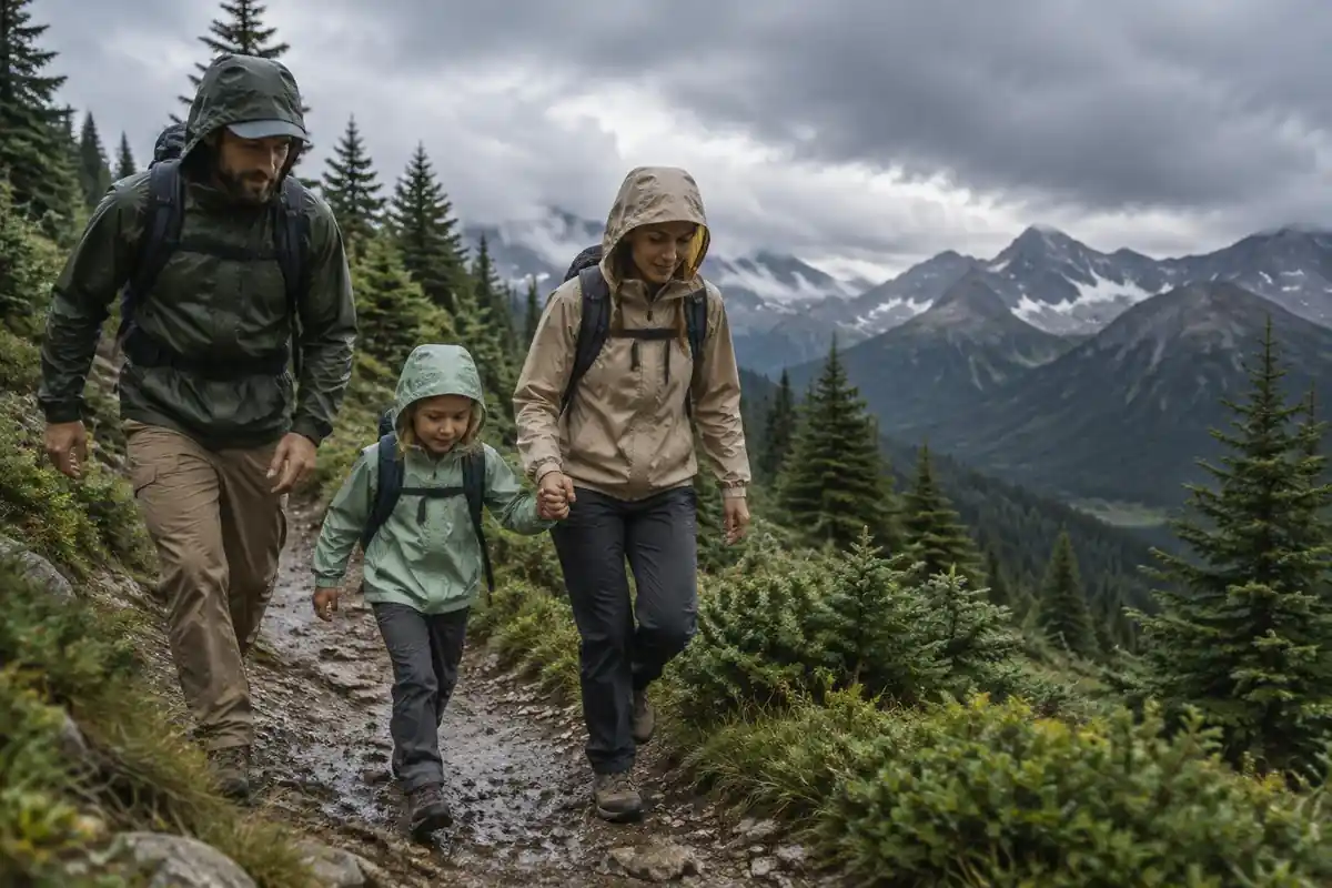 A hiker family in rain shells hurrying down through subalpine forest with clouds building