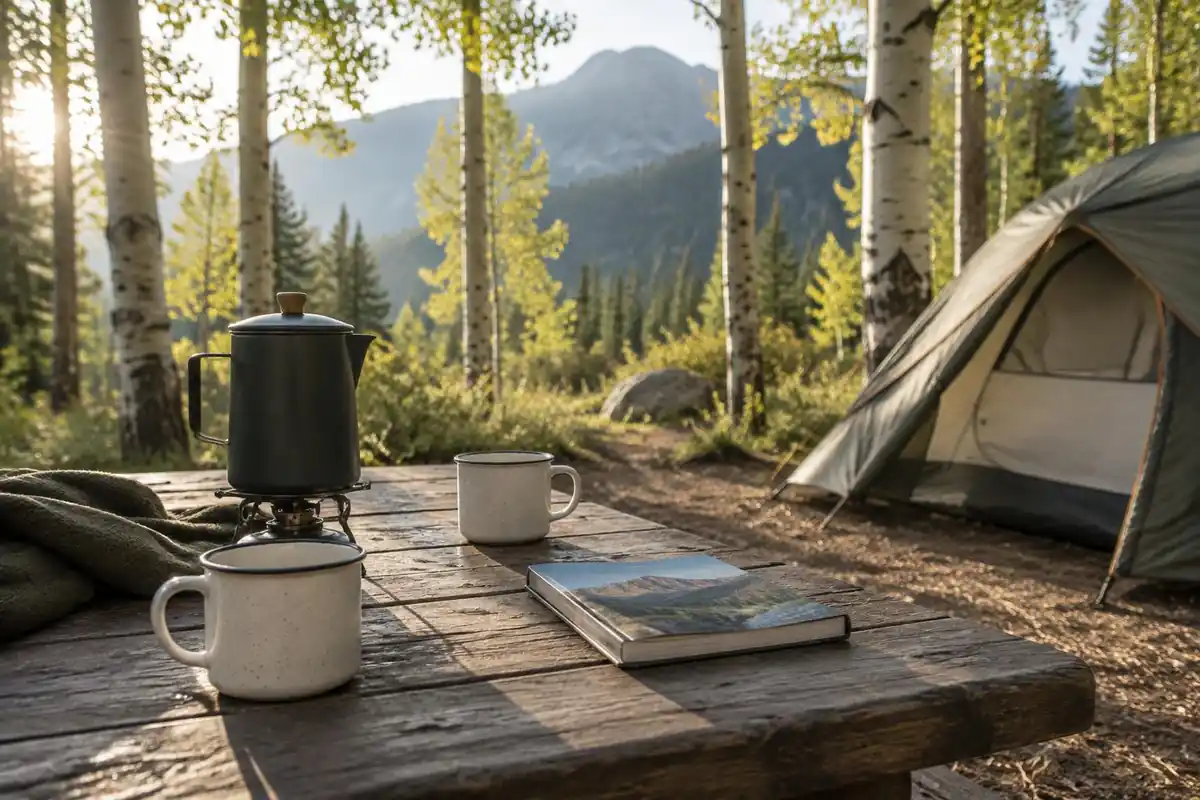 A campground picnic table with a coffee pot and a guidebook beside a pine tent