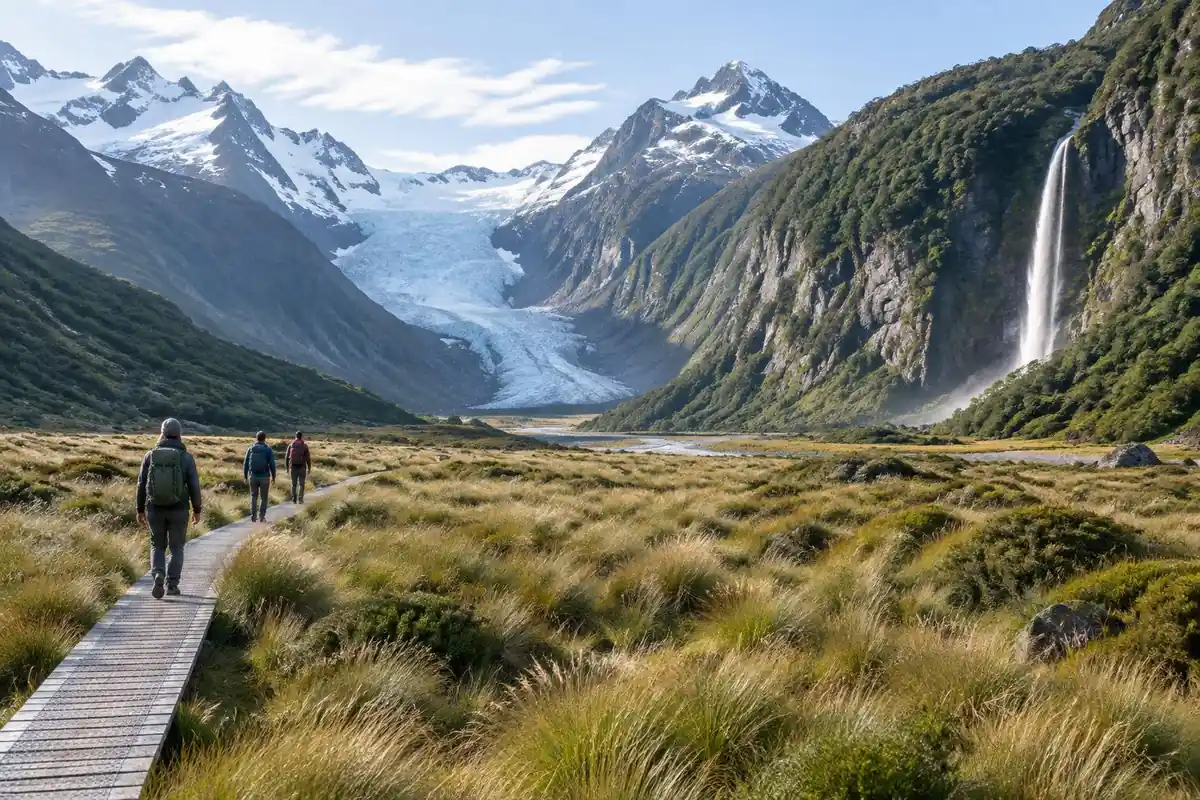 Alpine tussock flat with a distant waterfall and hikers on a boardwalk