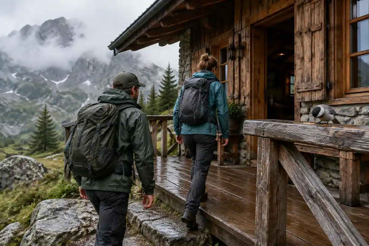 Hikers in wet jackets arriving at the porch of a wooden alpine hut
