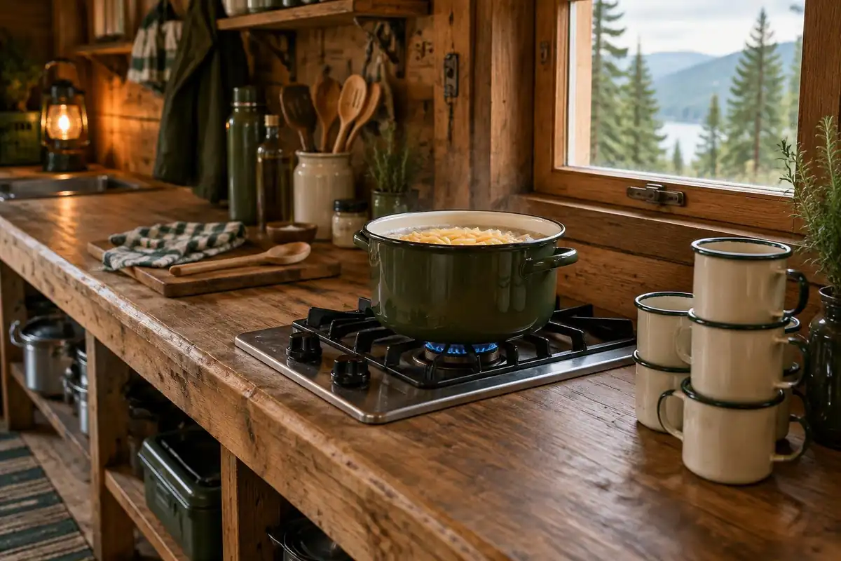 Pot of pasta and enamel mugs on a communal hut kitchen bench