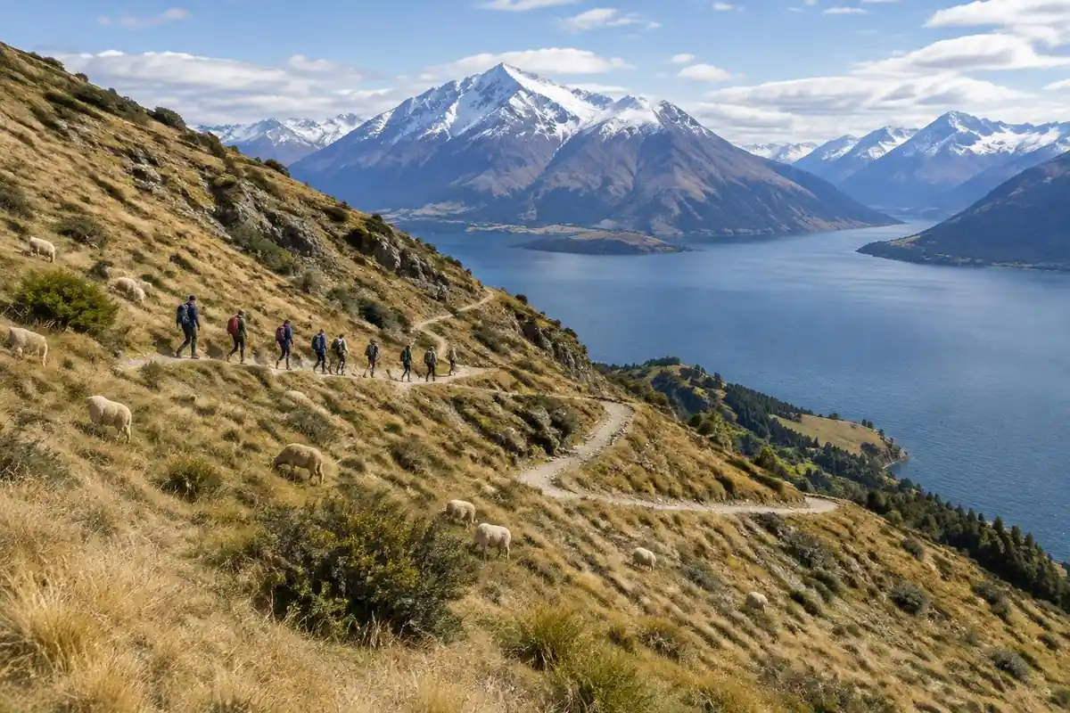 Long zigzag farm track above a wide blue lake with a line of small walkers