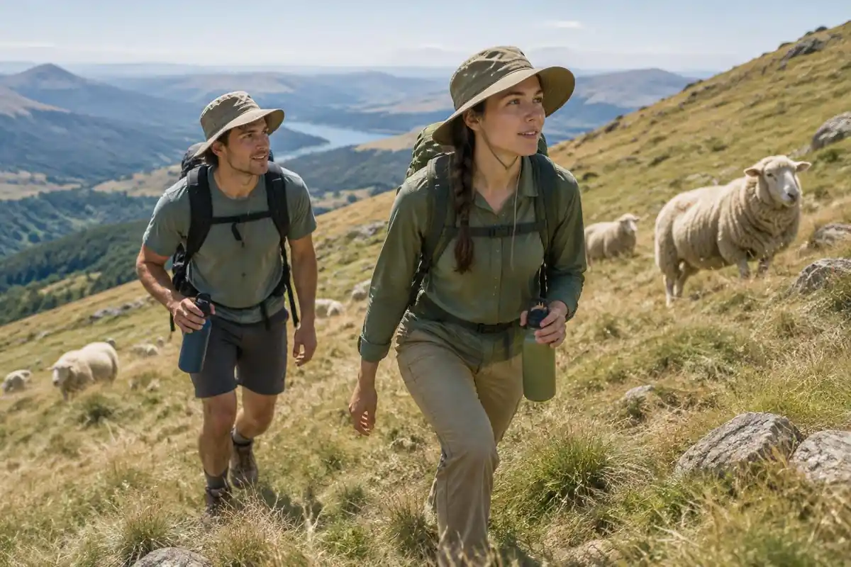 Two young hikers with sun hats climbing an exposed grassy hillside