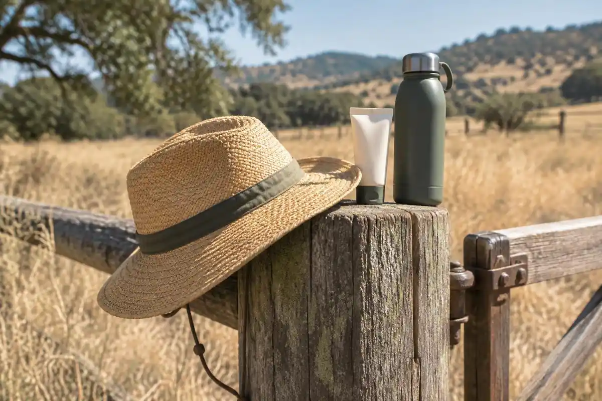 Sun hat, sunscreen tube and water bottle on a farm gate post