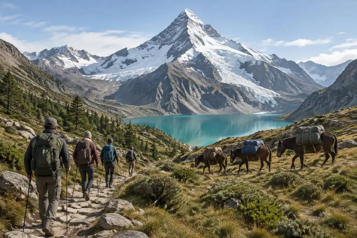 Glacier-capped peak above a turquoise lake with trekkers and loaded mules