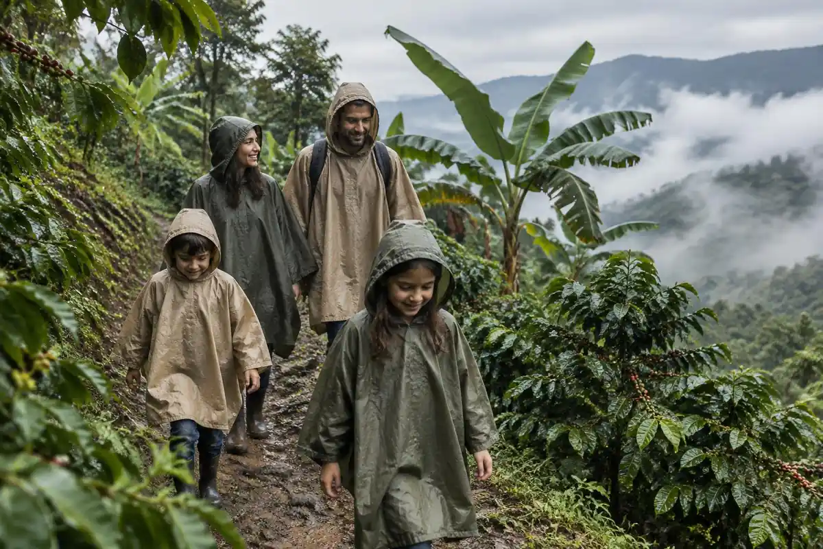 Family in ponchos walking a jungle-edged trail past coffee bushes in light rain