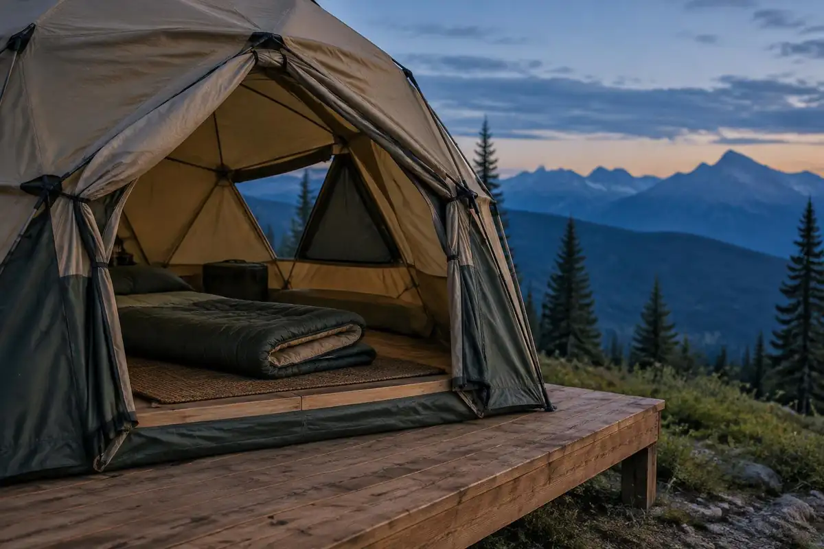Open dome tent on a wooden platform with a folded sleeping bag at dusk