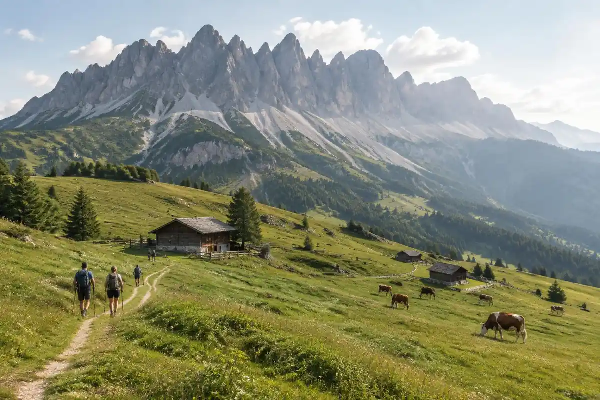 Jagged serrated ridge above emerald meadows with wooden huts and small hikers