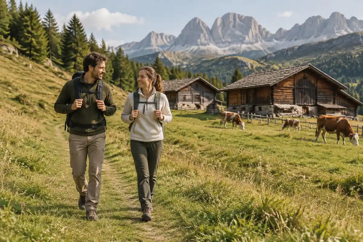 Couple walking a grassy path past timber barns and grazing cows