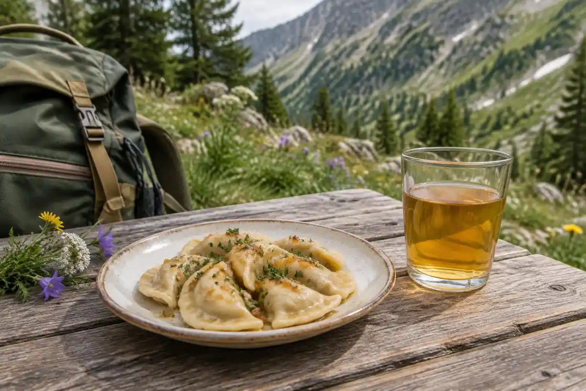 Plate of dumplings and juice on a wooden bench beside a small daypack