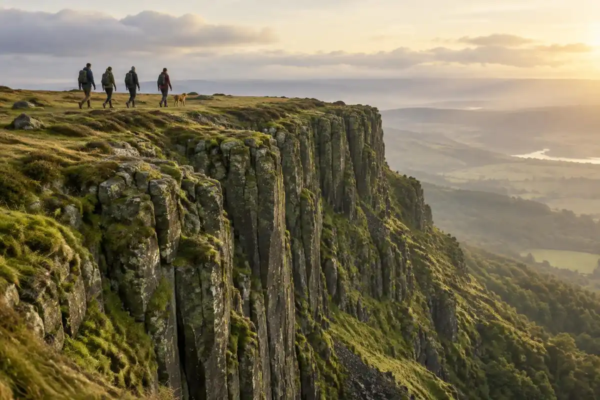 Green basalt escarpment with walkers and a scout on a broad ridge top