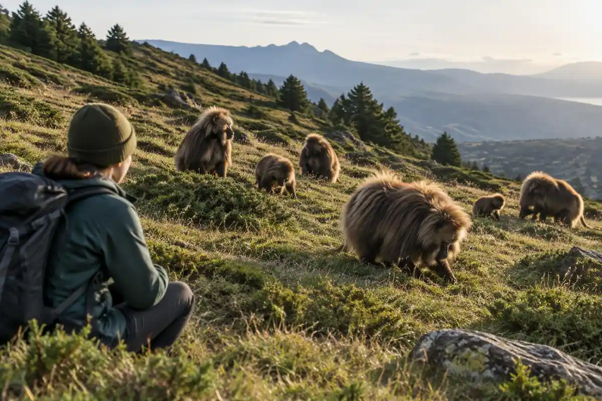 Hiker watching a troop of grazing monkeys from a respectful distance on a grassy slope