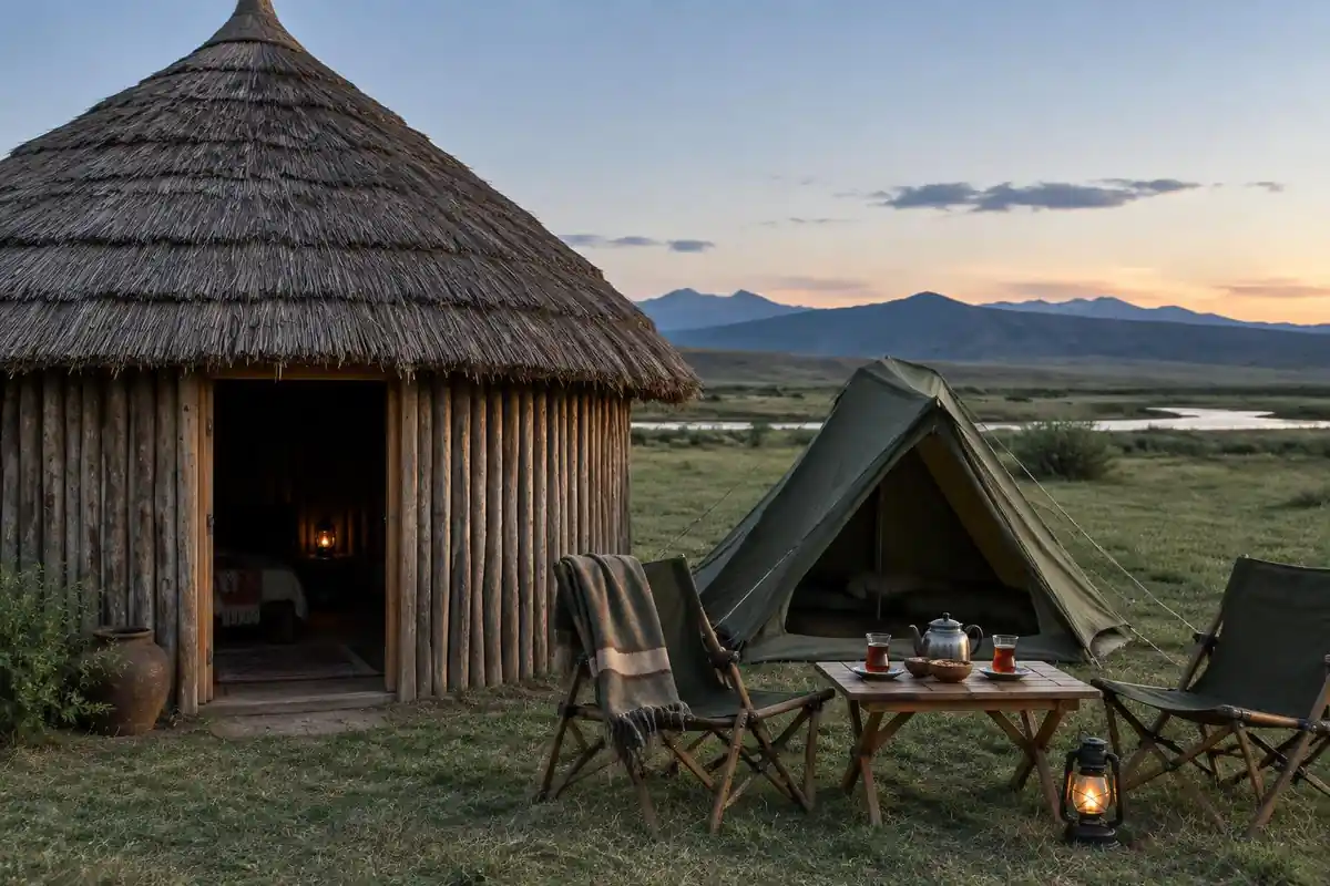 Small tent beside a round thatched hut with tea glasses on a camp table
