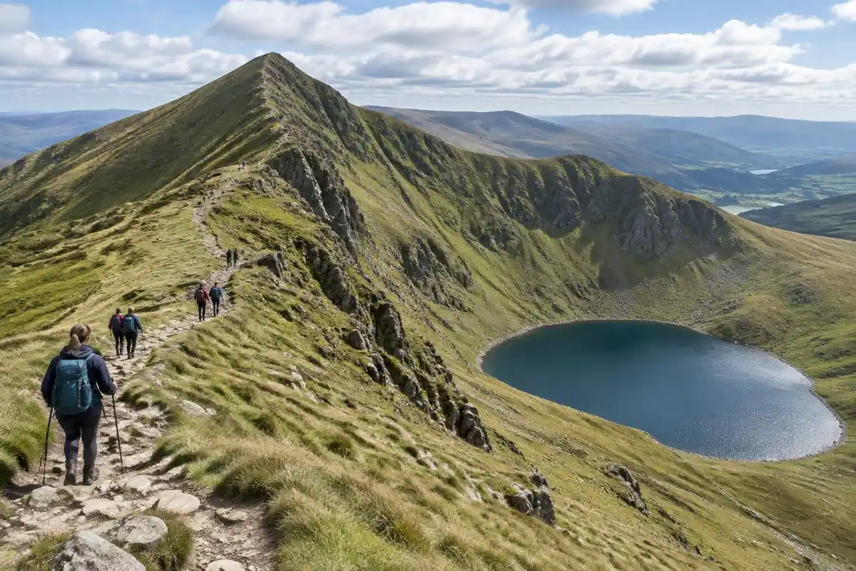 Rocky ridge above a glacial cirque lake with walkers on the path