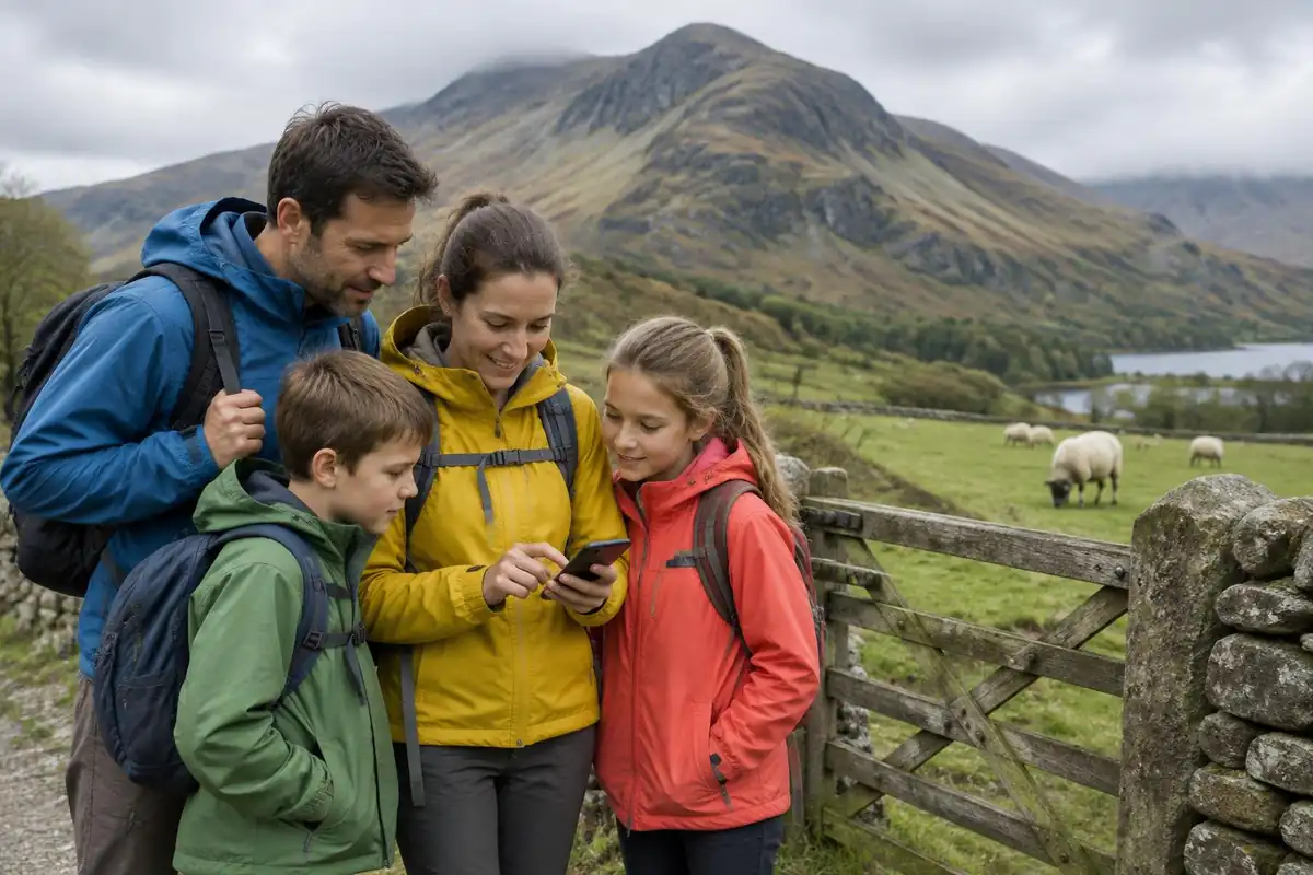 Family of four checking a phone map at a stone gate below a mountain