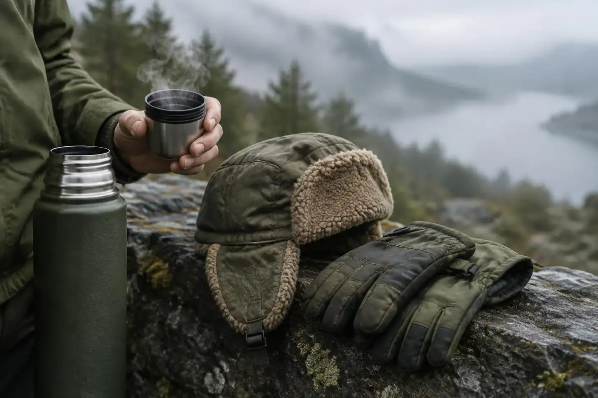 Hand holding a flask lid beside a hat and gloves on a slate wall