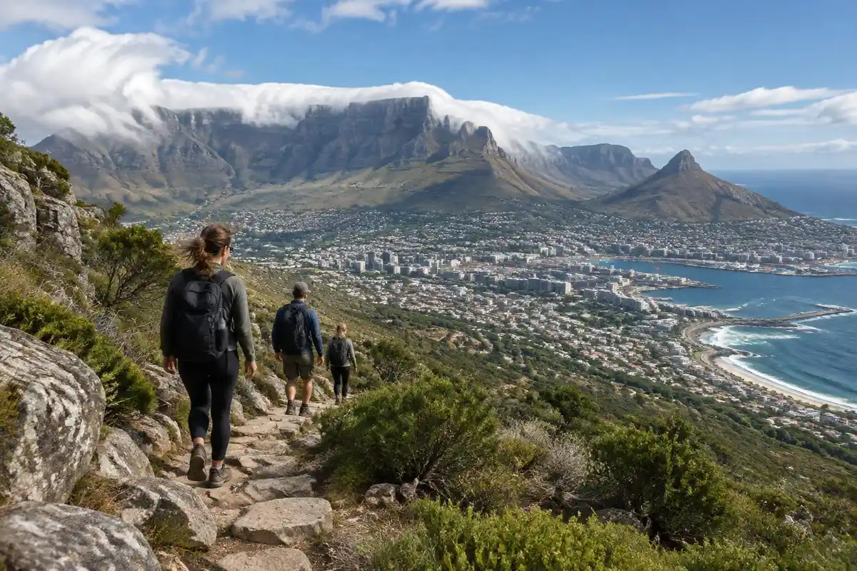 Flat-topped sandstone mountain with cloud spilling over above a coastal city and hikers on steps