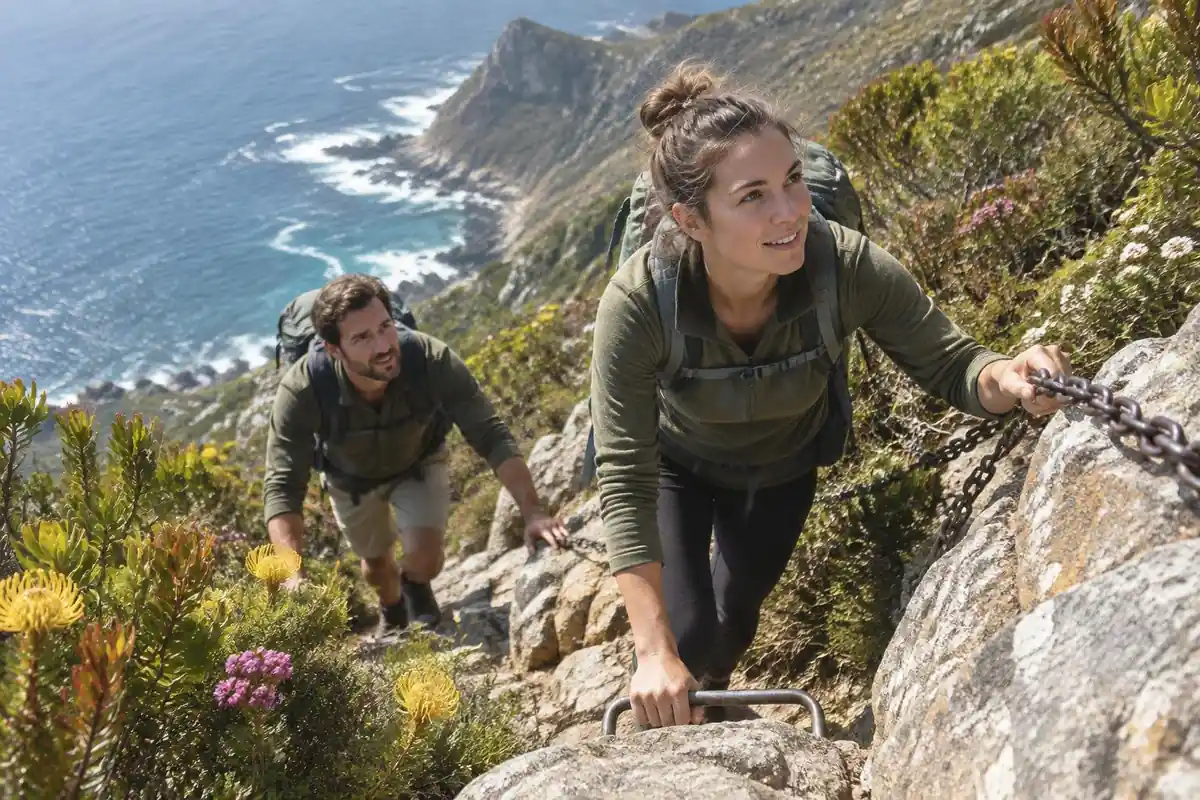 Man and woman climbing a rocky path with a fixed chain among fynbos flowers
