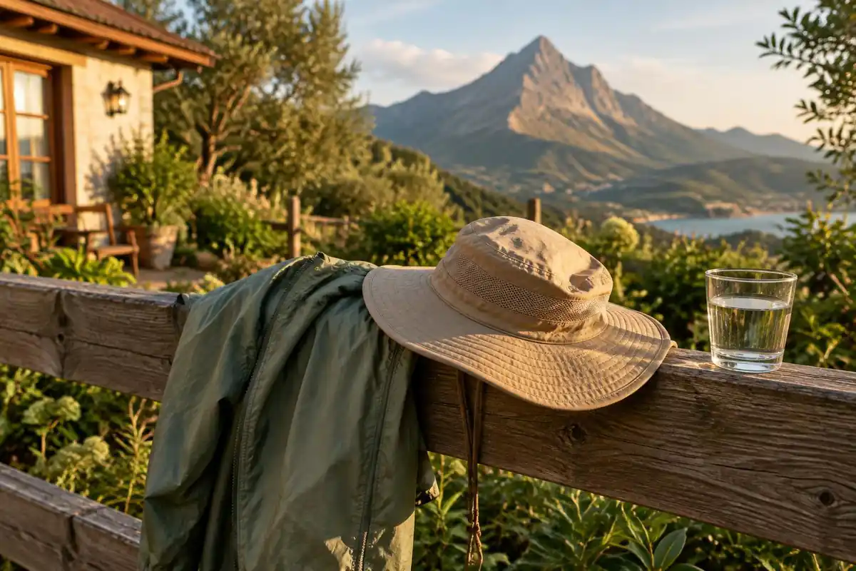 Windbreaker and sun hat over a guesthouse garden fence with a mountain view