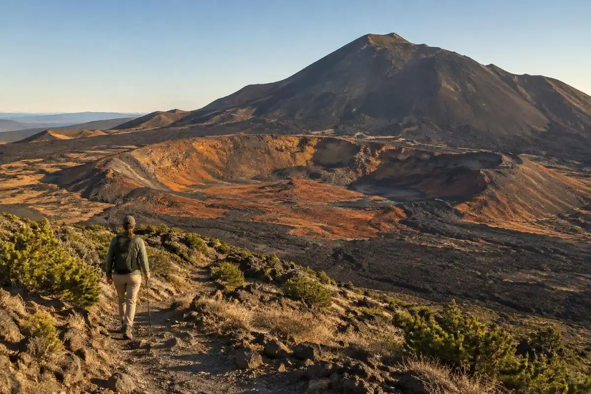 Orange-and-black lava fields under a huge dark volcanic cone with a hiker trail