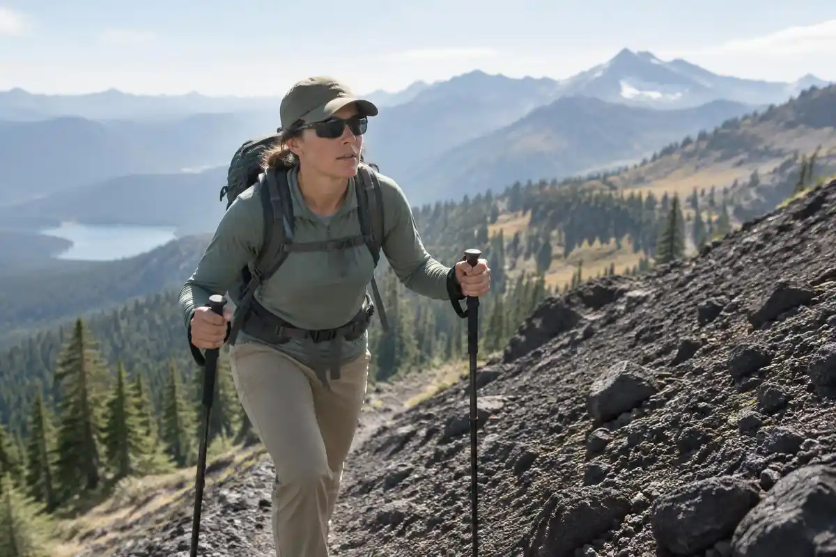 Hiker in a cap ascending a steep black stone path with poles