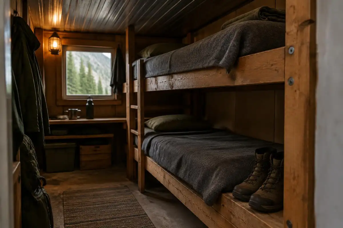 Bunk beds with grey blankets in a small high refuge with boots at the end