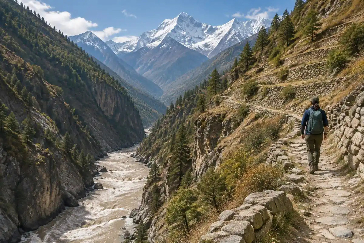 Deep gorge with a river far below and snow peaks above a terraced path