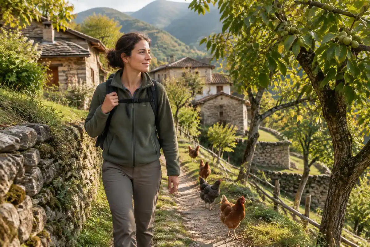 Hiker on a terrace path through a village of farmhouses and walnut trees