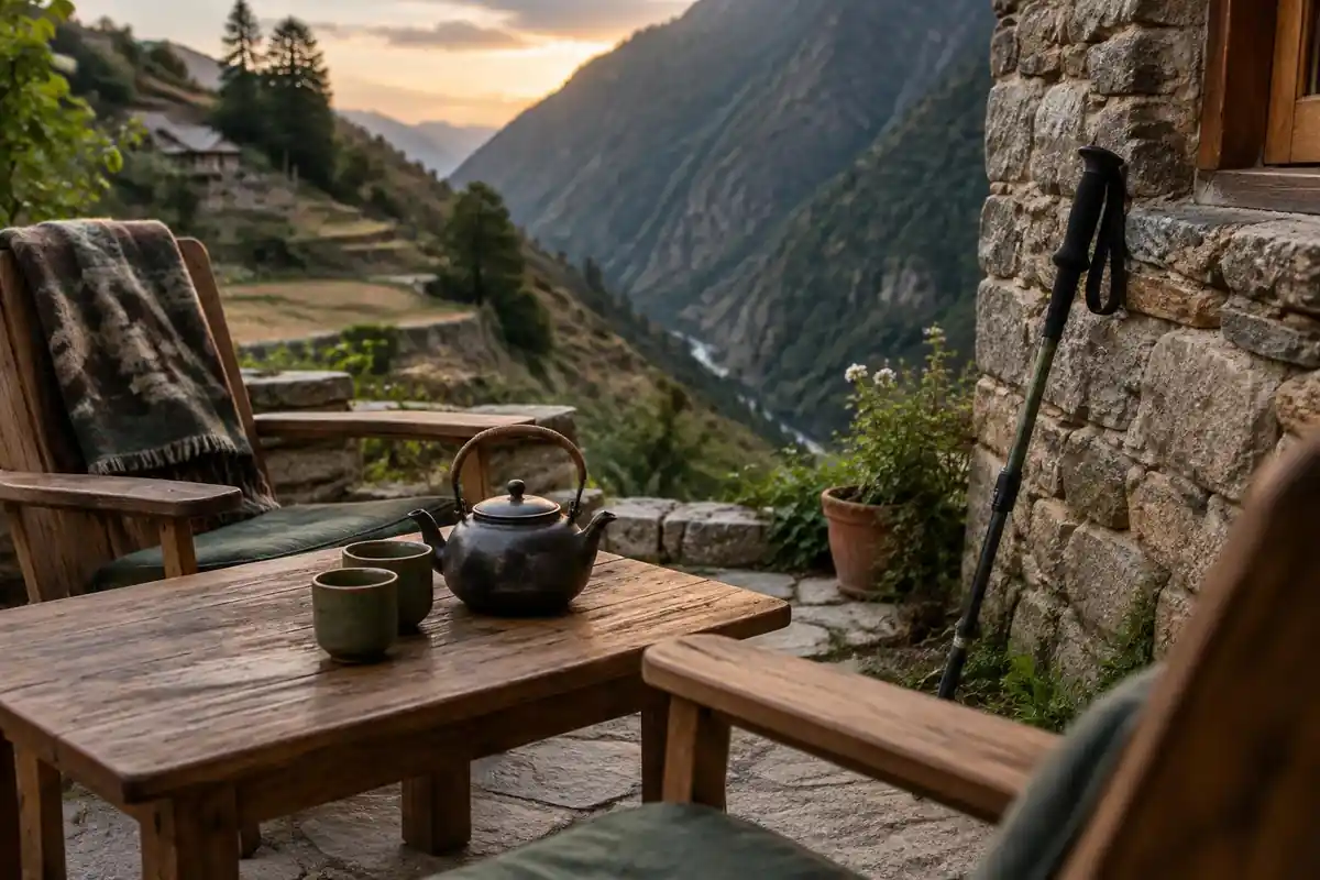 Tea pot and trekking pole in a guesthouse courtyard with wooden chairs