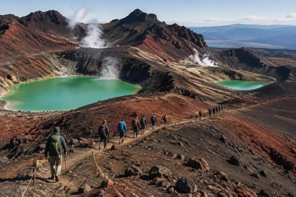 Red-and-black volcanic plateau with green crater lakes and hikers in a line