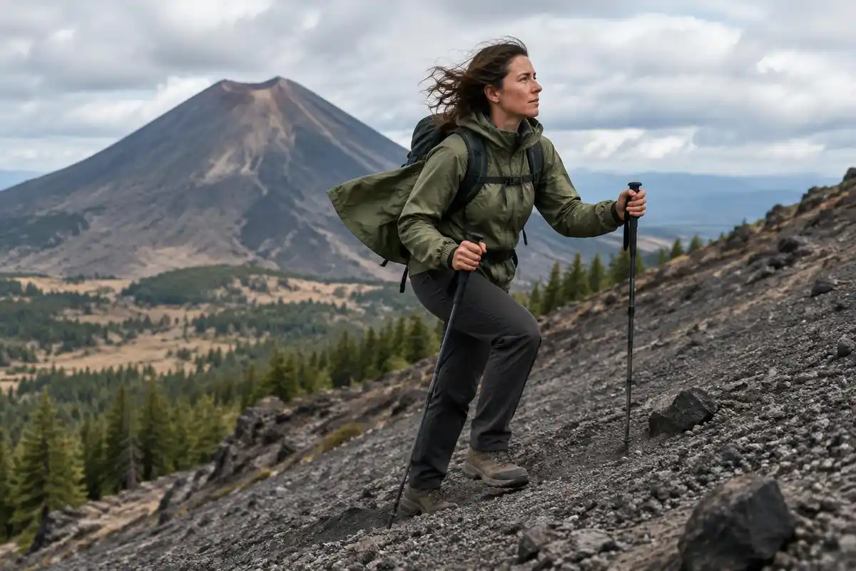 Hiker with poles climbing loose grey cinders on a steep volcanic slope