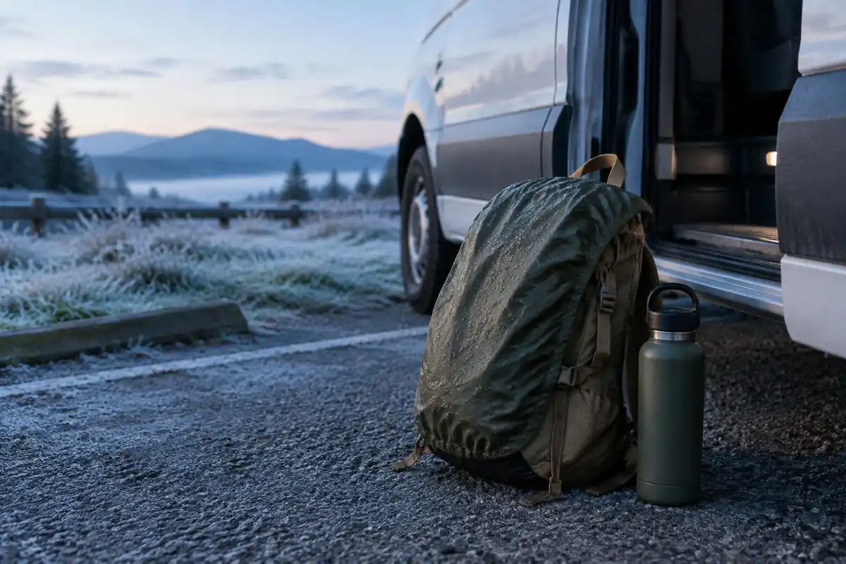 Small backpack, rain layer and bottle beside a shuttle van at a frosty car park