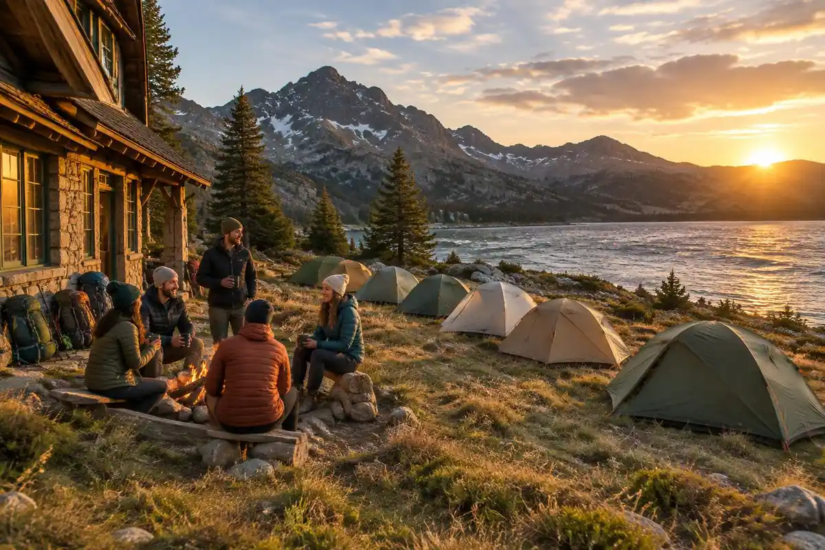 A hikers' lodge with bunk beds and drying gear near a campground of small tents