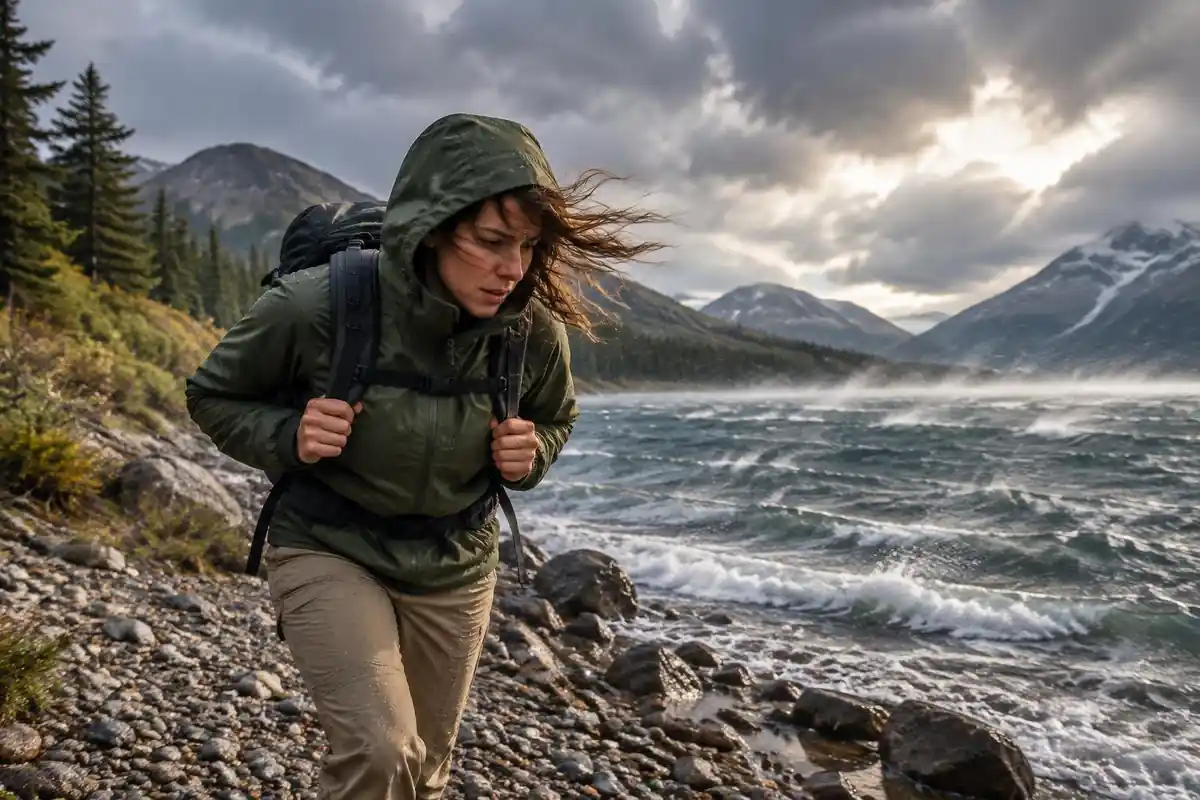 A hiker in a shell leaning into gusts along a windy lake shoreline