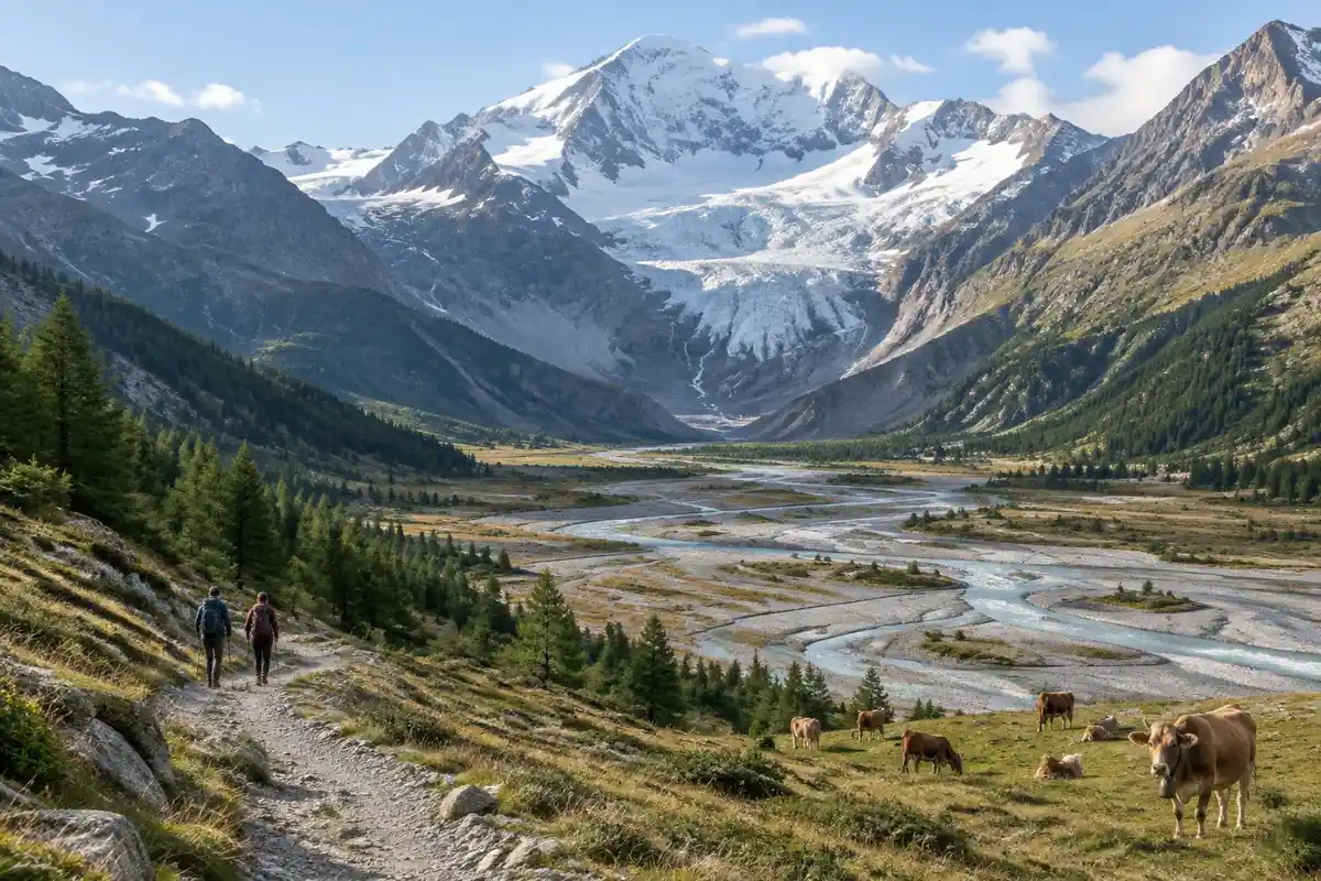 Broad glacial valley with a braided stream and a snowy massif at its head