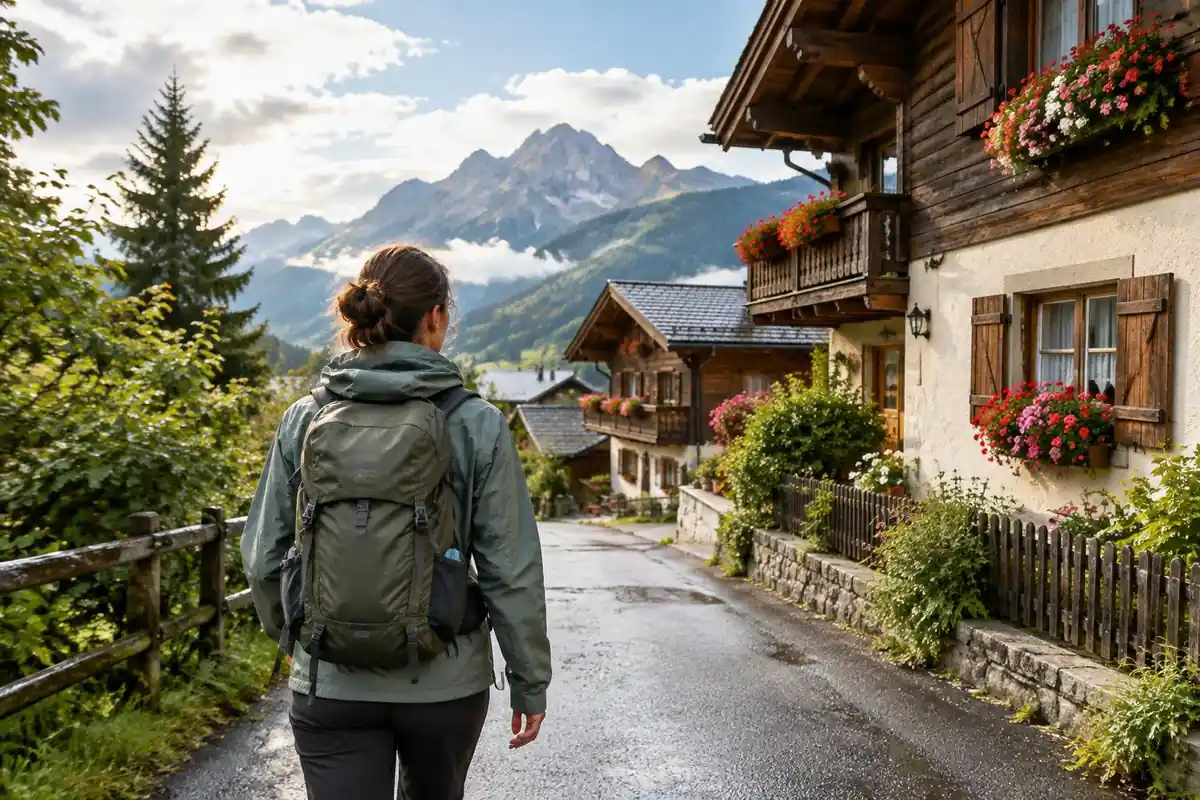 Hiker in a rain shell walking a village lane toward chalet-style guesthouses